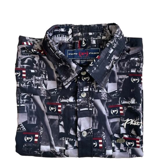 Vintage PHAT FARM Men's Kimora Lee Simmons Allover Print Shirt Black Size 2XL - Picture 15 of 15